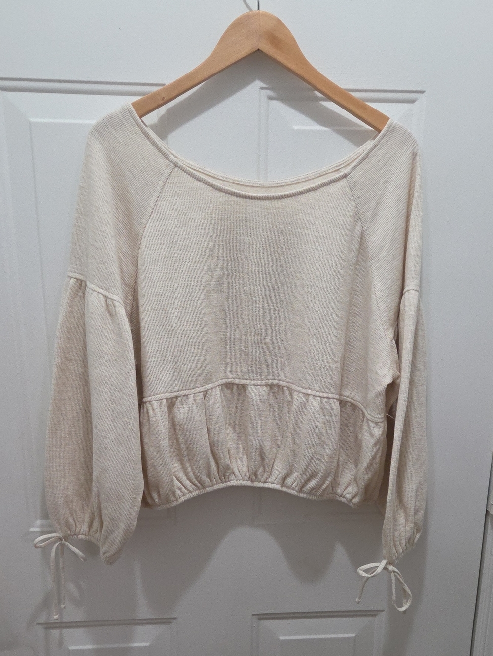 aerie cream waffle knit peplum long-sleeve top balloon sleeves L